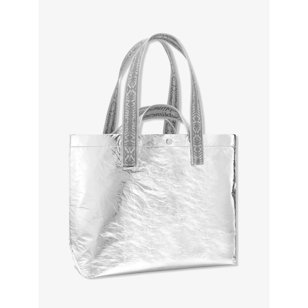 Tory Burch Metallic Silver Sublime Tote Bag with Patterned Straps